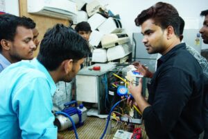 HVAC technician inspecting outdoor AC compressor unit