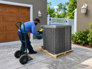 technician inspecting outdoor air conditioner unit